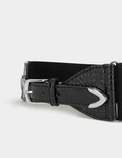 Elasticised belt with croc effect black ladies'