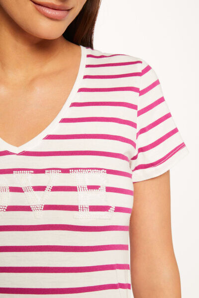 Short-sleeved t-shirt with stripes raspberry ladies'