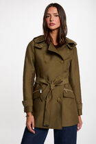 Waisted belted trenchcoat with hood khaki green women