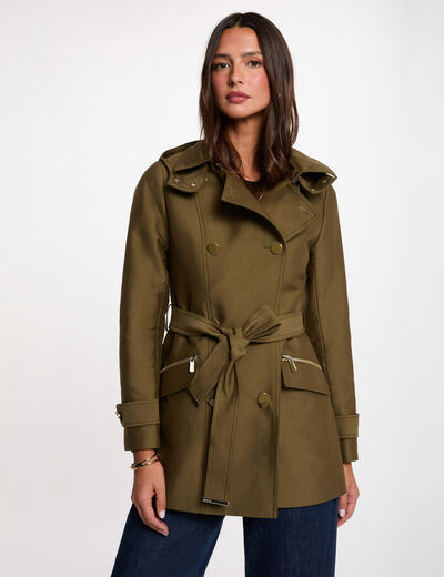 Waisted belted trenchcoat with hood khaki green women