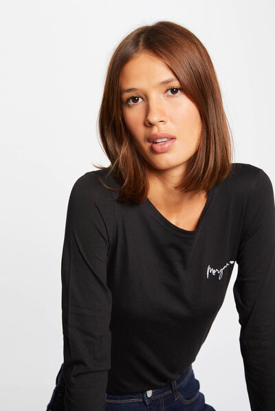 Long-sleeved t-shirt with embroidery black ladies'