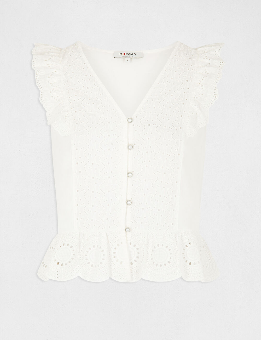 Short-sleeved t-shirt with ruffles ecru women