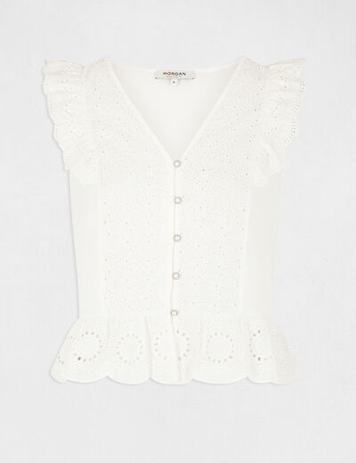 Short-sleeved t-shirt with ruffles ecru women