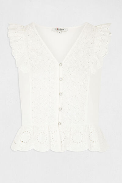 Short-sleeved t-shirt with ruffles ecru ladies'