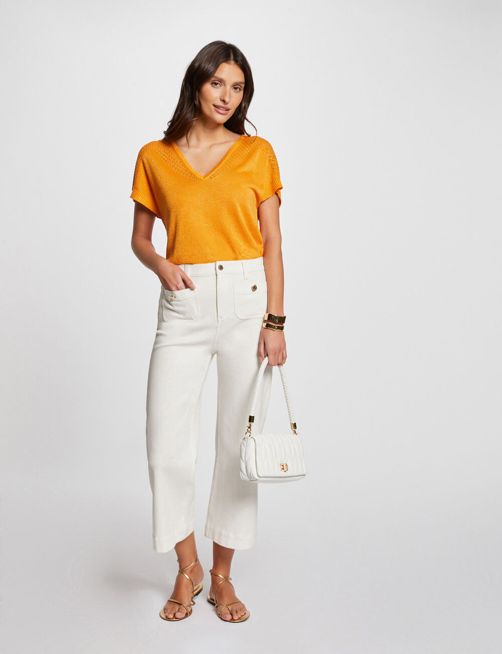 Jumper V-neck short sleeves orange women