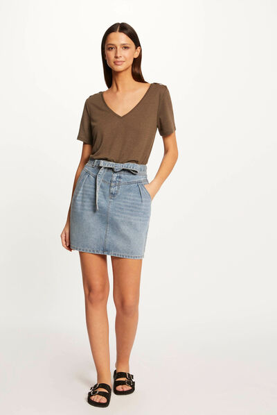 Belted straight denim skirt stone denim ladies'