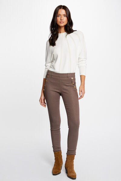 Skinny trousers wet effect and buttons taupe ladies'