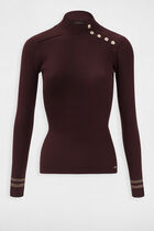 Long-sleeved jumper buttons and edging wine red women