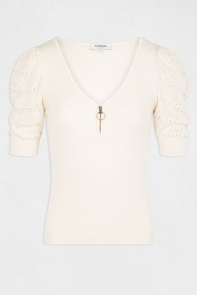 Short-sleeved jumper with V-neck ivory ladies'