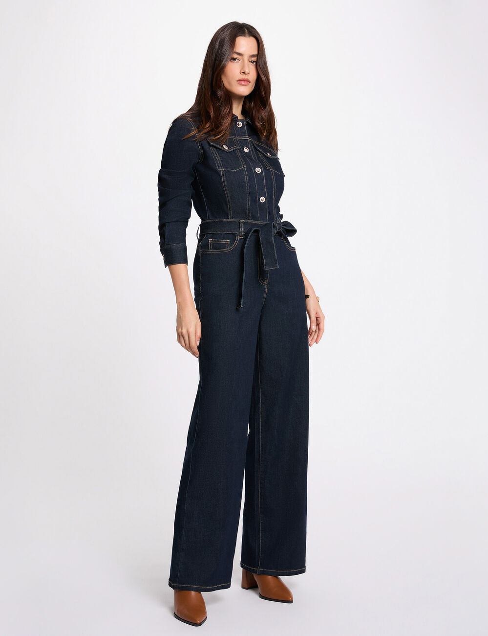 Wide-leg denim jumpsuit raw denim women