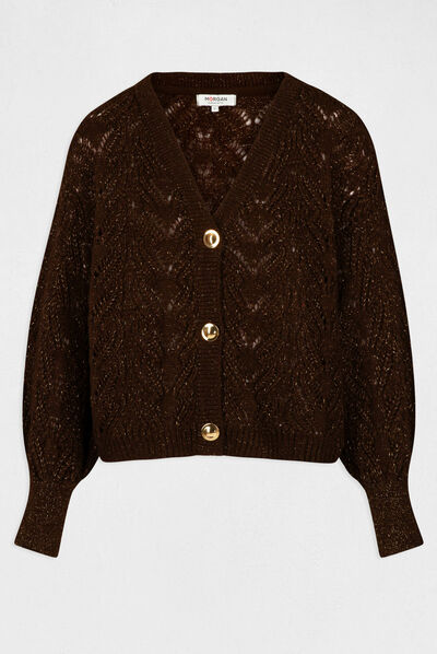 Long-sleeved cardigan openwork details chestnut brown ladies'