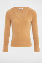 Pull manches longues maille duveteuse camel femme