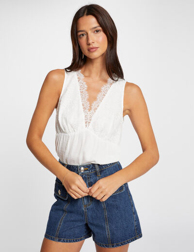 Sleeveless lace top ecru women