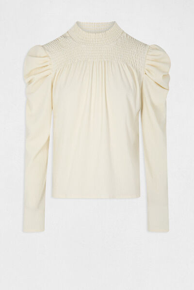 Long-sleeved smocked t-shirt ivory ladies'