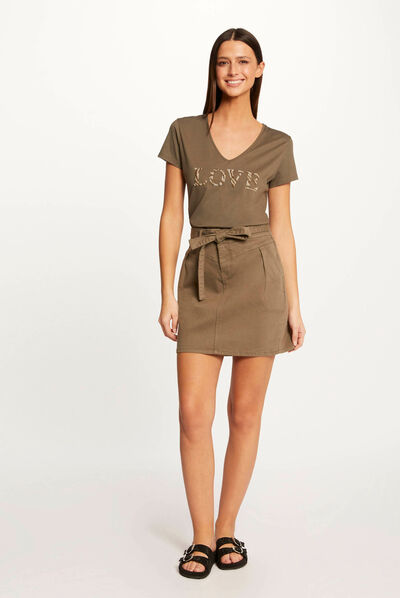 High-waisted belted straight skirt khaki green ladies'