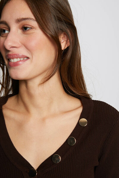 Long-sleeved jumper buttons fine knit chestnut brown ladies'