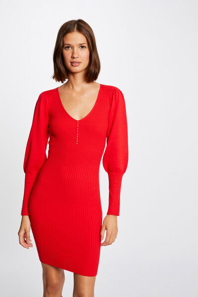 Fitted jumper dress with V-neck red ladies'