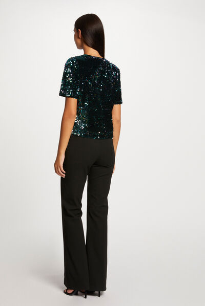 Short-sleeved t-shirt with sequins dark green ladies'