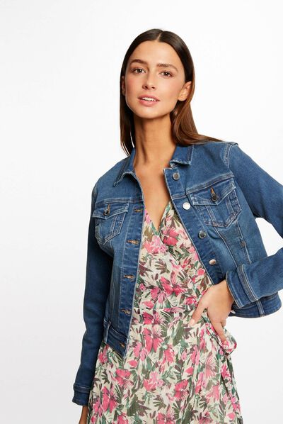 Straight buttoned denim jacket stone denim ladies'