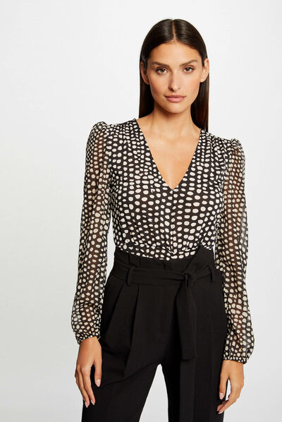 Long-sleeved t-shirt polka dot print black ladies'