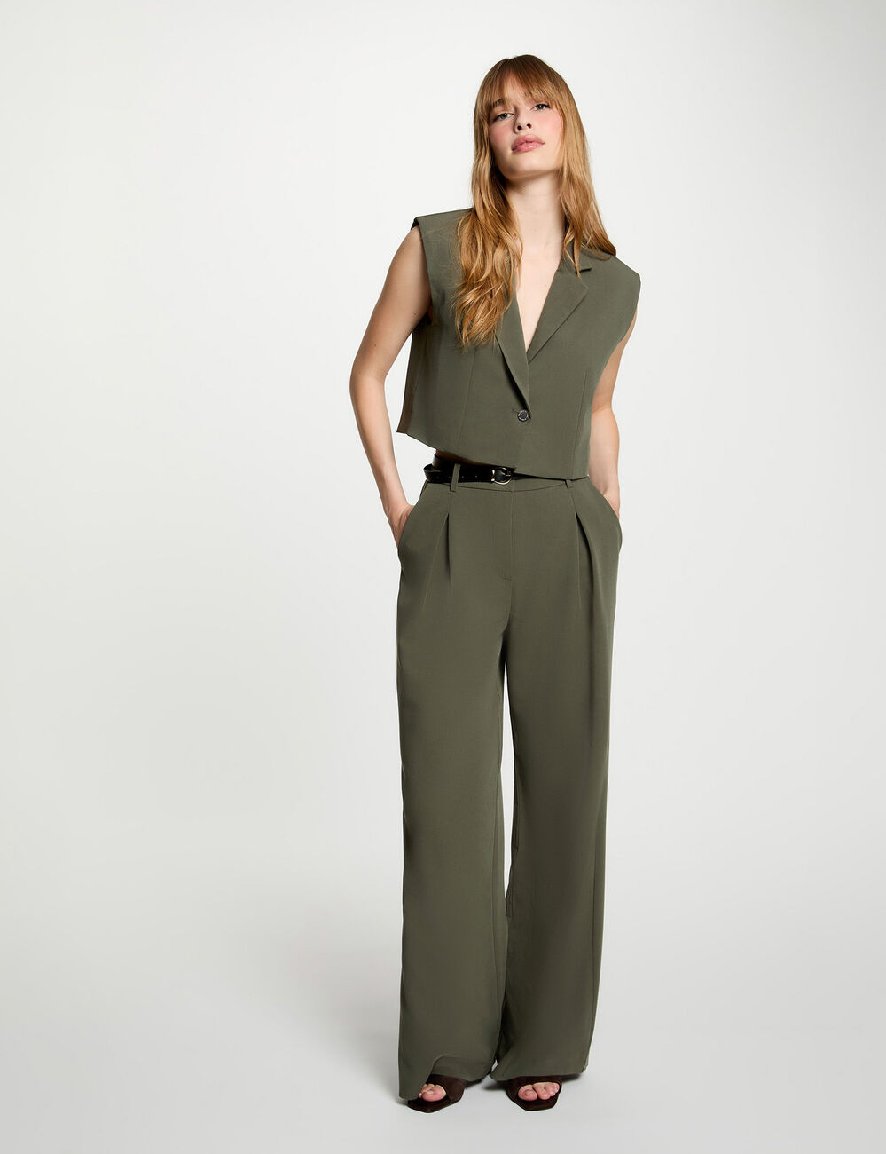 High-waisted wide-leg trousers khaki green women