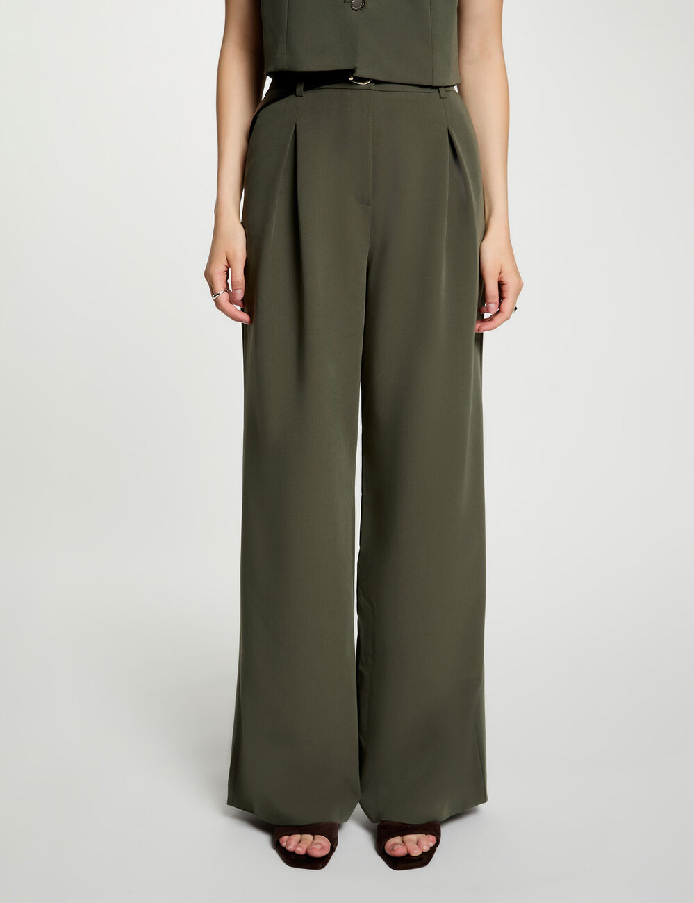 High-waisted wide-leg trousers khaki green women