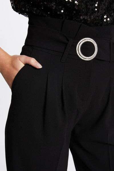 High-waisted straight belted trousers black ladies'