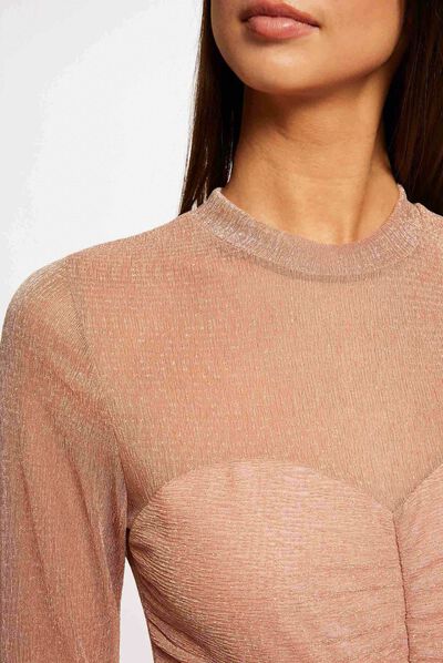 Long-sleeved t-shirt with shirring antique pink ladies'