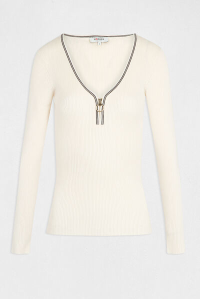 Long-sleeved jumper with V-neck ivory ladies'