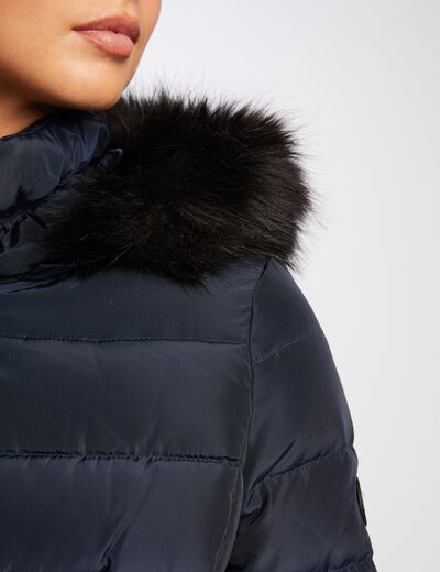 Belted waisted padded jacket with hood navy ladies'