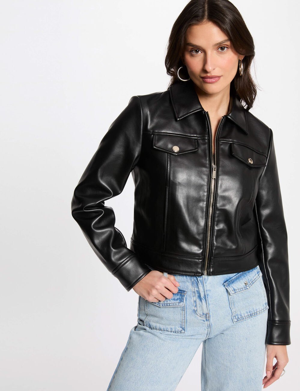 Short faux leather jacket black women