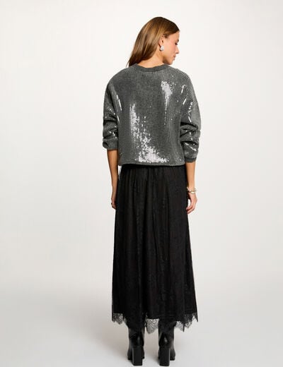Sequin sweater with round neck dark grey women