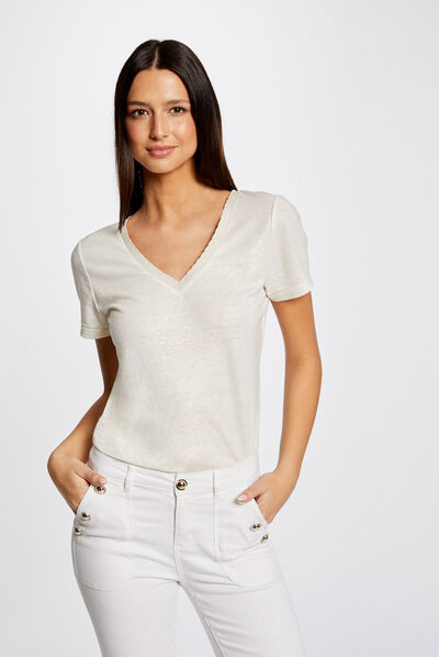 Short-sleeved t-shirt with V-neck ecru ladies'
