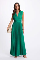 Pleated maxi straight dress emerald green women