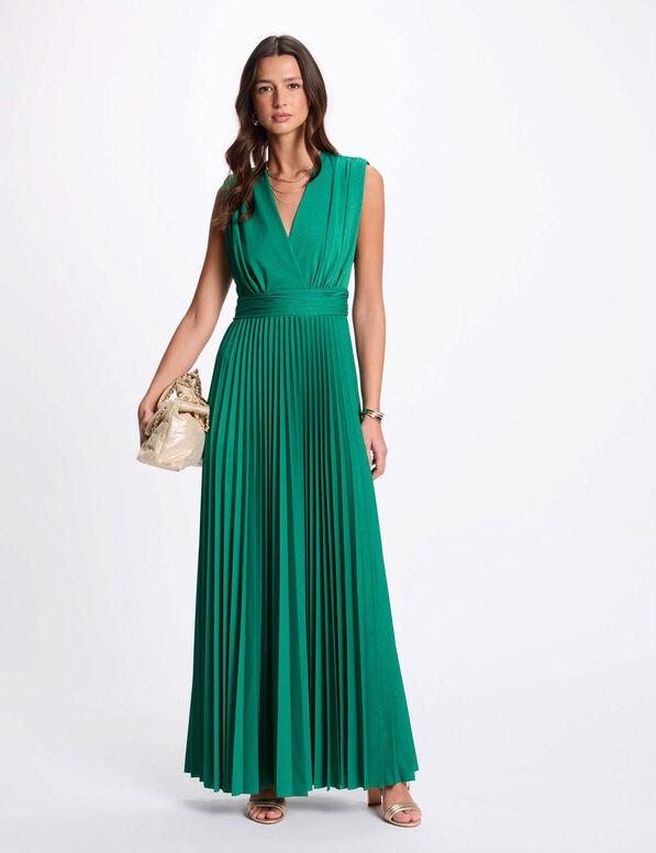 Pleated maxi straight dress emerald green women