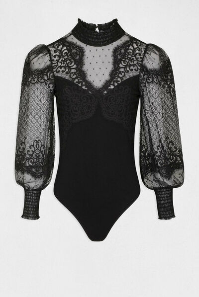 Long-sleeved t-shirt with lace black ladies'