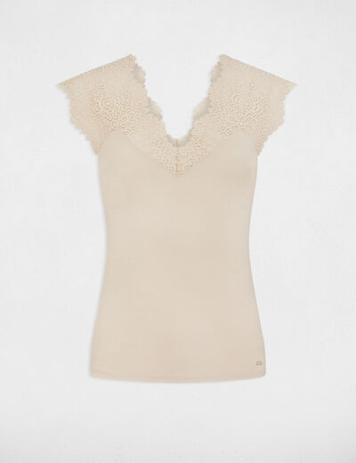 Vest top with wide straps and lace beige ladies'
