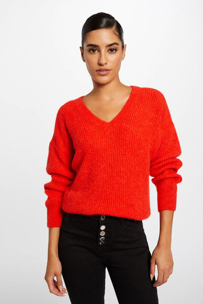 Long-sleeved jumper with V-neck orange ladies'