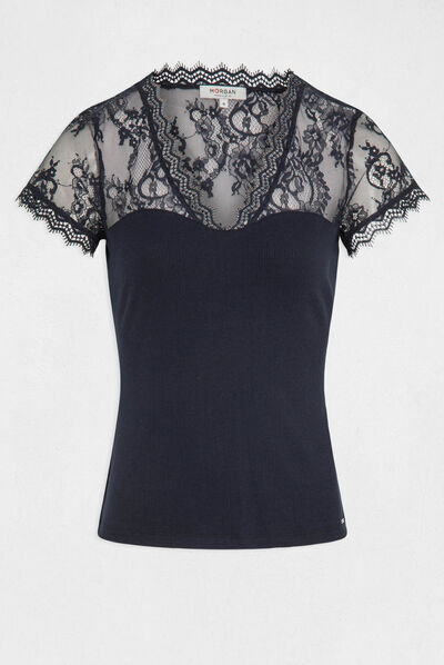 Short-sleeved t-shirt with lace navy ladies'