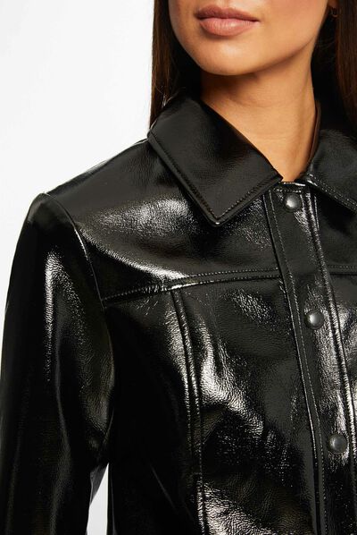 Faux leather straight buttoned jacket black ladies'