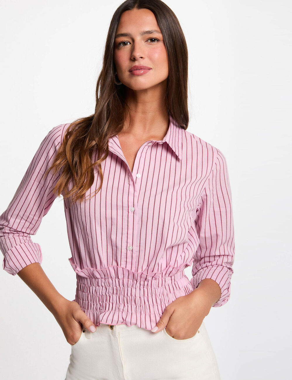 Striped shirt with a notched collar pink women
