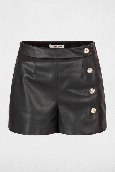 Loose faux leather shorts with buttons black ladies'