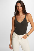 Vest top V-neck and metallised threads khaki green women