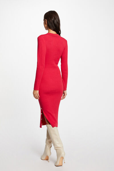 Fitted jumper dress buttons and slit fuchsia ladies'