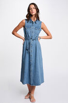 Robe midi trapèze en jean denim stone femme