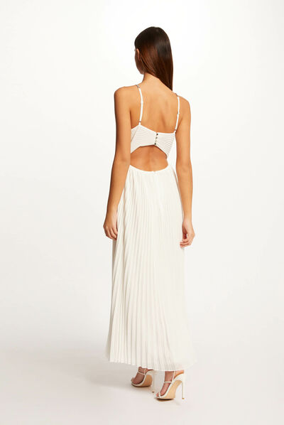 Maxi A-line pleated dress with open back ecru ladies'