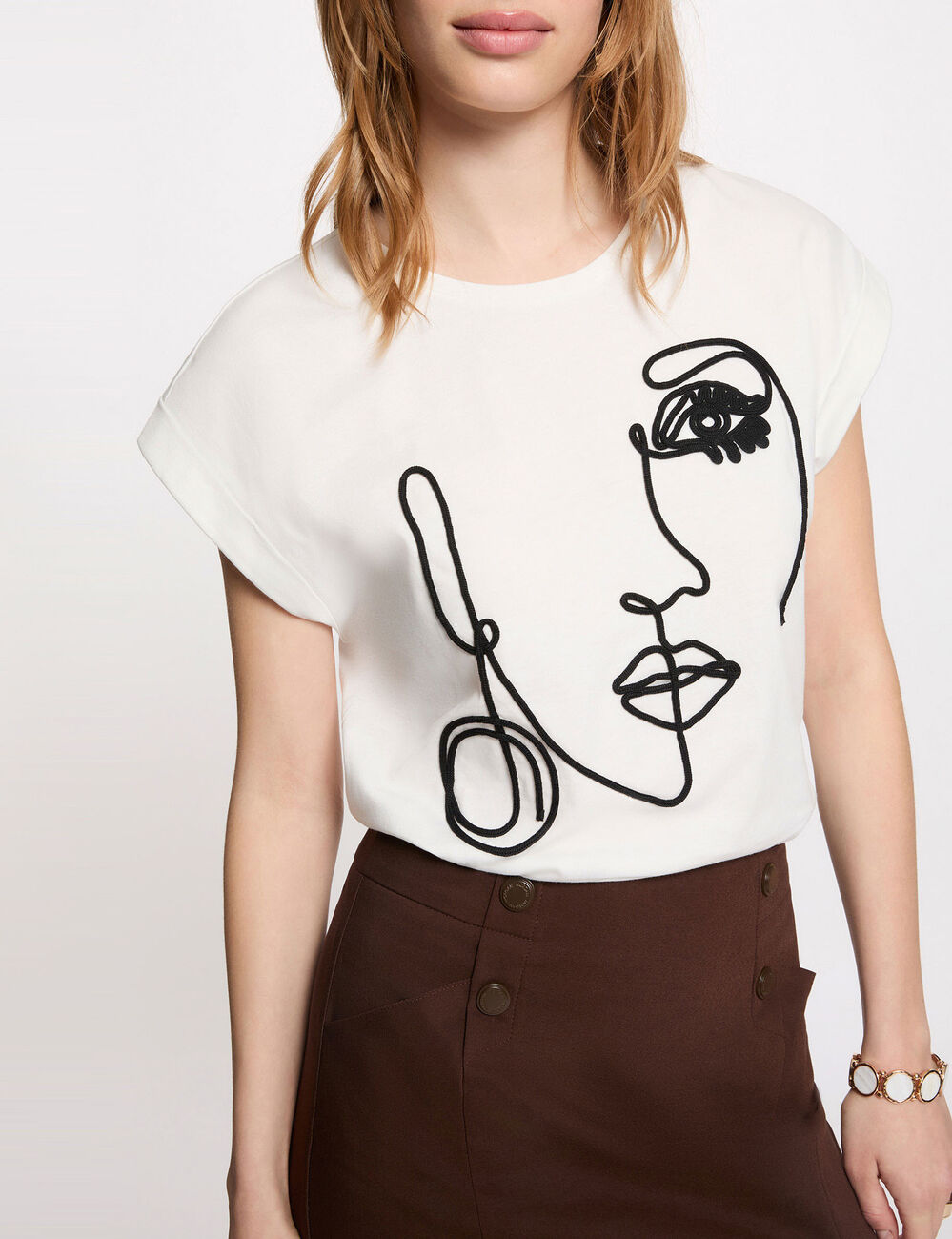 Face embroidery t-shirt white women