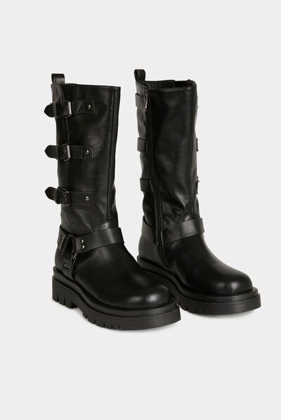 Flat boots with straps black ladies'