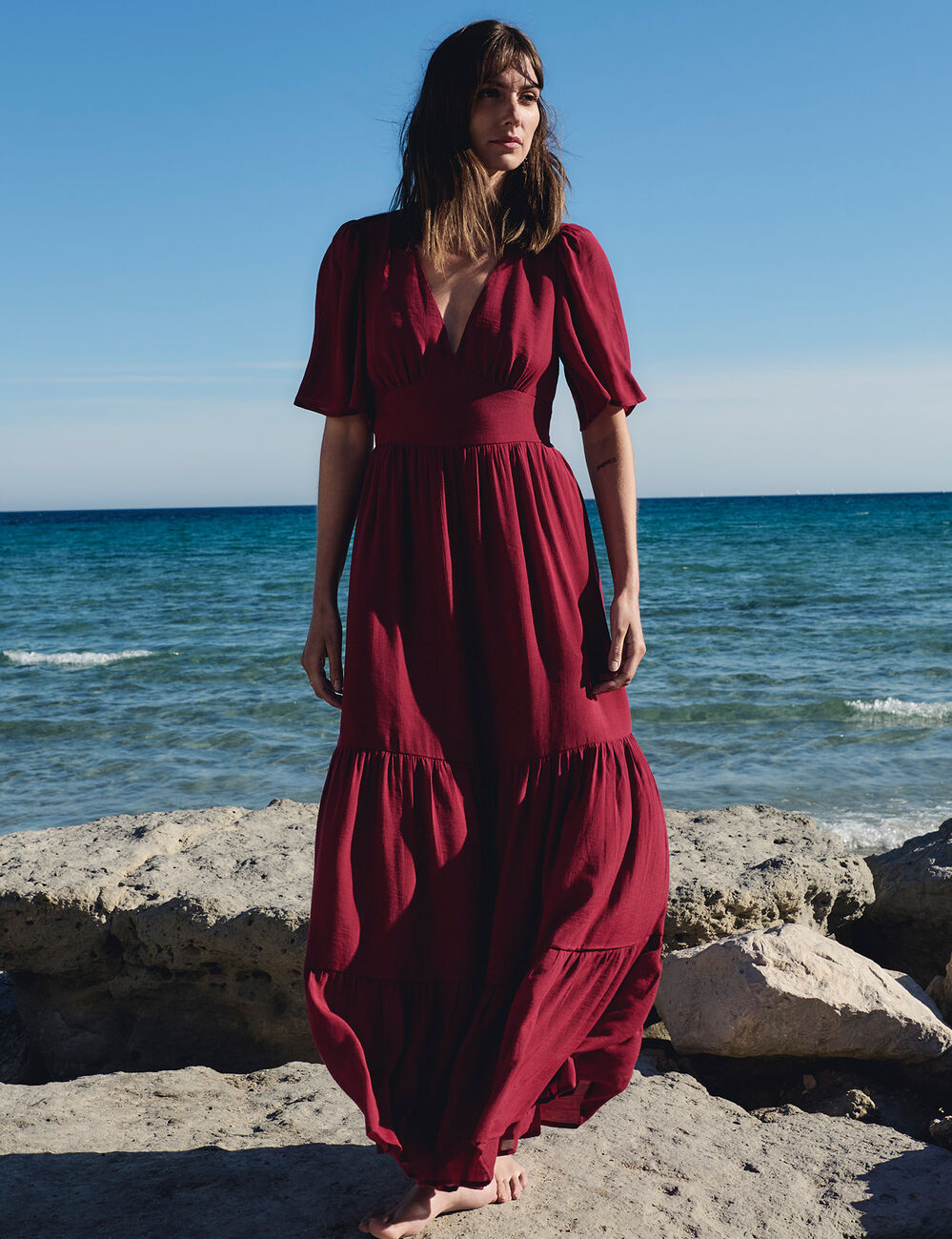 Long dress with V-neck bordeaux women