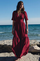Long dress with V-neck bordeaux women